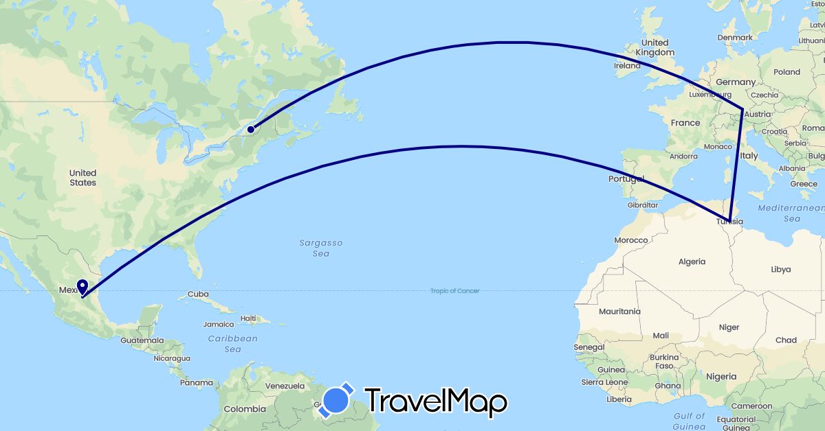 TravelMap itinerary: driving in Canada, Germany, Mexico, Tunisia (Africa, Europe, North America)